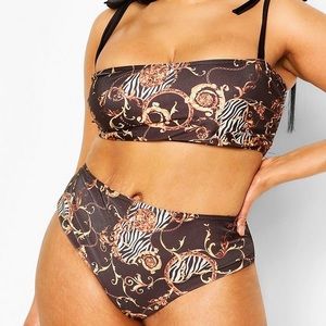 ❤️ Boohoo Plus Chain Print Bow High Waist Bikini 22
